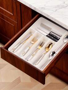 1pc Flat Cutlery Storage Box, Silverware Organizer Tray, Kitchen Drawer Utensil Organizer Container Set, Kitchen Storage Accessories, Kitchen Shelf, Kitchen Storage Box, Cookware And Tableware Rack, Kitchen Organizer, Cutlery Cabinet Kitchen Storage Rack