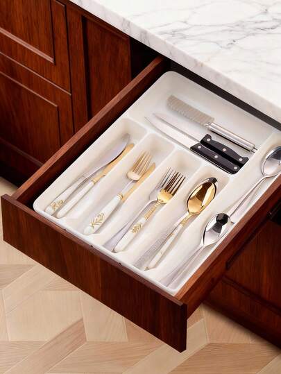1pc Flat Cutlery Storage Box, Silverware Organizer Tray, Kitchen Drawer Utensil Organizer Container Set, Kitchen Storage Accessories, Kitchen Shelf, Kitchen Storage Box, Cookware And Tableware Rack, Kitchen Organizer, Cutlery Cabinet Kitchen Storage Rack