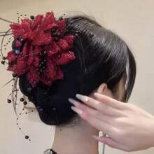 Tassel Shark Clip Hair Volume Enhancer Elegant Versatile Shiny Silk Flower Claw Clip New Elegant New Elegant Hair Accessory - A 177紅色雙花抓夾 - 查看 4