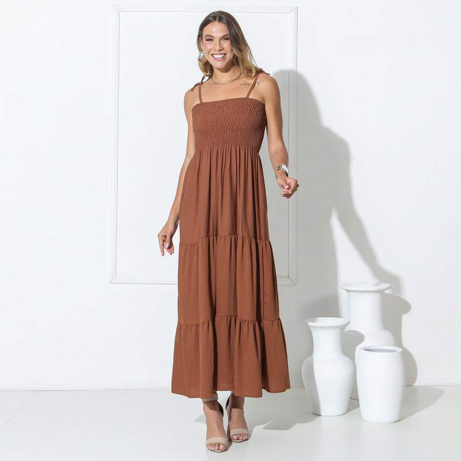 Knot Gathered Hem With Ruffle, Butterfly Knot, Tweed Knot Gathered Hem With Ruffle, Beach. - 巧克力棕 - 查看 1