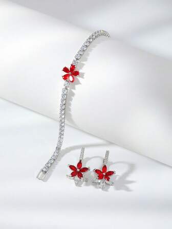2pcs/Set Fashionable Minimalist Floral Zirconia Bracelet & Earrings Jewelry Set