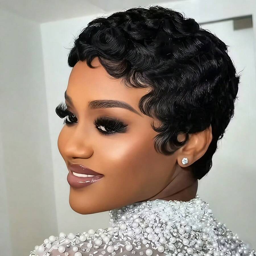 4 Inch Fingerwave Pixelated Curly Wig, Brazilian Remy Human Hair 613 Blonde Full Lace Wig, Deep Wave Curly Rose Net Cap