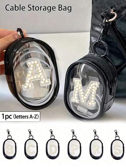 Portable Mini Transparent Zipper Storage Bag, White Pearl Towel Embroidered Letters A-Z, Compact Multifunctional Storage Device, Headphone And Charger Case With Keychain, Transparent Travel Accessories, Exquisite And Compact, Suitable For Storing Small Items, Data Cable Storage Bag, Bracelet Bag