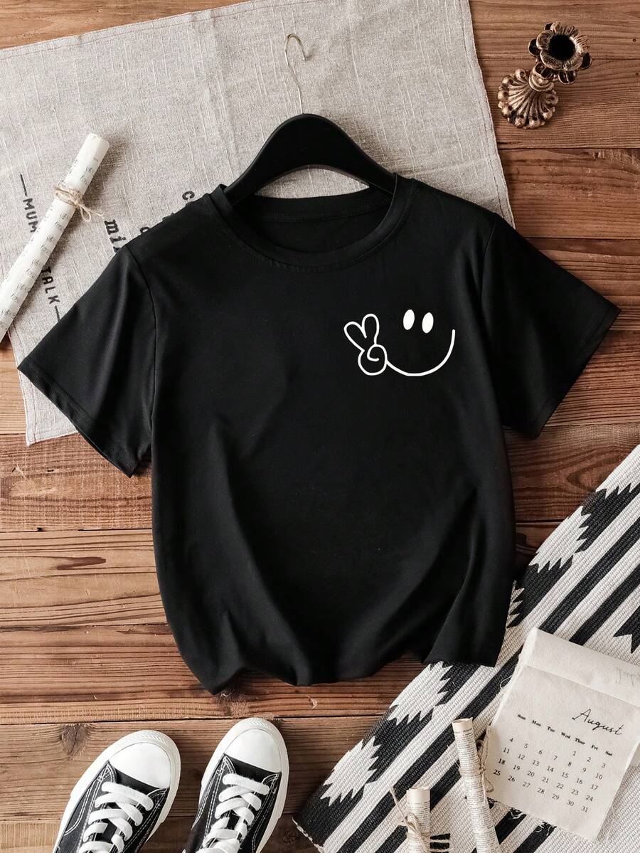 Women's Geometric Pattern Solid Color Round Neck Short Sleeve Casual Loose T-Shirt, Summer - Black - View 1