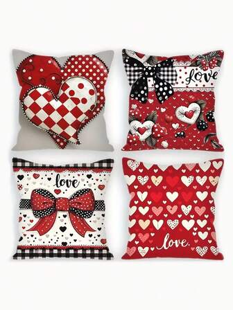 4pcs Valentine's Day Heart Love Romantic Art Decorative Cushion Cover Set - Modern Style 17.7x17.7 Inches With Red And White Love Pattern Design, Durable And Soft Polyester Fiber, Machine Washable, Zipper Closure, With Decorative Pillowcase, Suitable For Home, Office And Party Decoration, Suitable For Various Room Types 100% Polyester