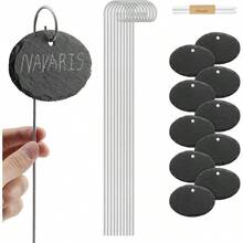 Marcadores de pizarra para plantas - Set de 10x Carteles de pizarra ovalada con 10x estaca y 2x Tiza - Etiquetas ovaladas de 10x para huerto semilleros - 10x ovalados - Ver 2