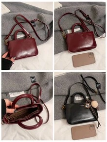 Autumn/Winter New Vintage Oiled Leather Burgundy & Black Handbag, Small Crossbody Bag For Women With Plush Pendant, Suitable For Daily Use, Shopping, Dating, Gift, Zipper Closure, Practical Phone Pouch, Letter Pattern Versatile Square Bag - Multicolor - View 11