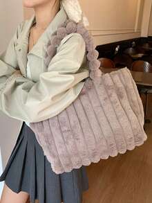 Damska torba typu tote w jednolitym kolorze, duża, pluszowa - Beżowy - Zobacz 4