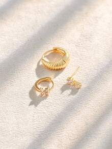 Nooxian 3pcs/Set Fashionable Striped Zirconia Four-Leaf Clover Stud Earrings Set, Suitable For Women's Daily And Holiday Wear - Yellow Gold - View 7