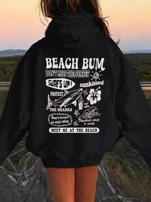 Tween Girls Casual Slogan Print Thermal Lined Hooded Sweatshirt, For Autumn, Spring & Winter - Black - View 1