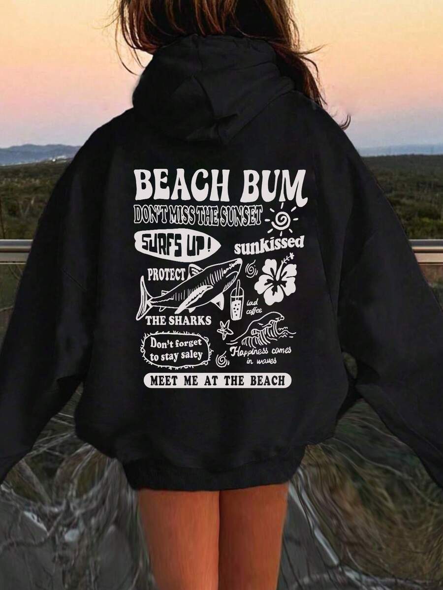 Tween Girls Casual Slogan Print Thermal Lined Hooded Sweatshirt, For Autumn, Spring & Winter - Black - View 1