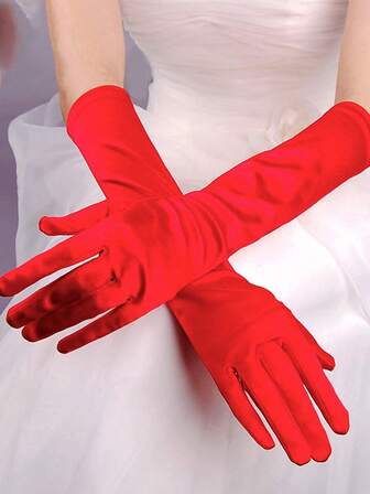 1双弹力缎面触屏手套，适合婚礼新娘/伴娘、正式场合、舞台表演、万圣节、化装舞会，黑/红色