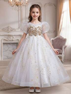 Vestido de tul con escote cuadrado y mangas abullonadas, lentejuelas de estrella y corpiño bordado, lazo grande en la espalda - Vestido para niña de las flores/boda/concurso