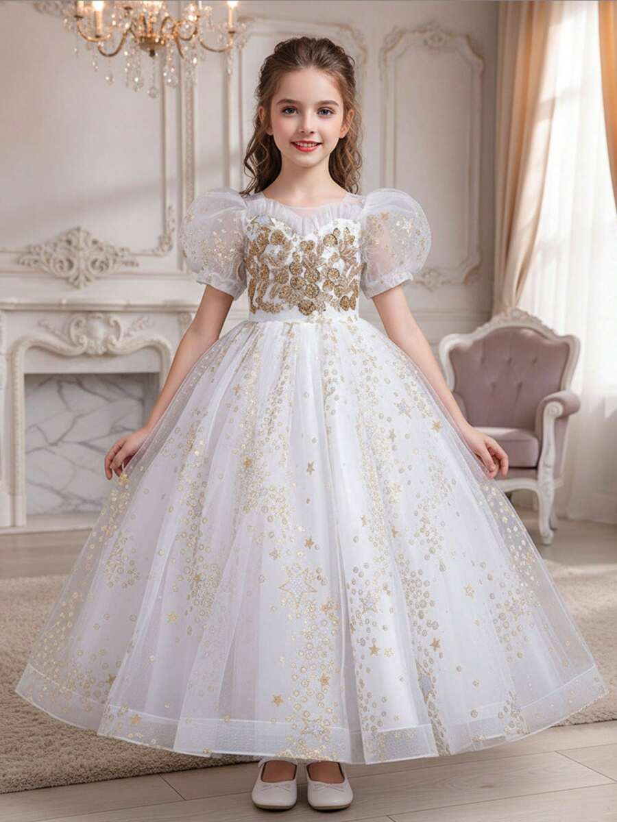 Girls Tulle Princess Dress With Puff Sleeves Star Sequins Lace Embroidery Big Bow Back Ball Gown Flower Girl Dress For Wedding Birthday Pageant - 白色 - 查看 1