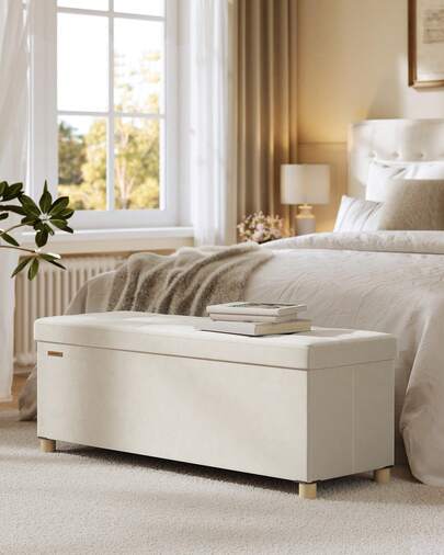 Storage Ottoman, 38 X 110 X 40 Cm, Folding Storage Bench With Lid, Footstool, Footrest, 112 L, Velvet Surface, For Bedroom, Hallway, Living Room, Cappuccino Beige
