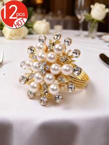 6/12pcs Gold Rose Petal Pearl Napkin Rings, White Polyester Napkins, Suitable For Room Decor, Dining Table Decor, Home Decor, Fit For Party, Birthday, Wedding, Banquet Buffet Elegant Minimalist Decoration - Multicolor - View 8