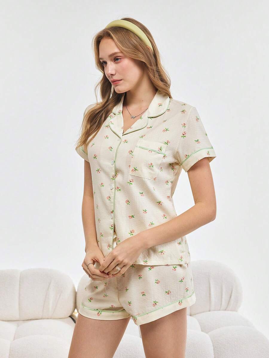 Bonmuse 樱桃印花甜美可爱睡衣套装，适合秋冬季；女士睡衣和家居服，配有长袖纽扣上衣和裤子，秋季衣服 - 杏色 - 查看 1