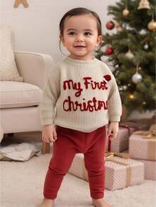 Suéter de punto para niñas pequeñas, gorro navideño y bordado de letras, jersey de cuello redondo, camisetas de manga larga - Beis - Ver 1