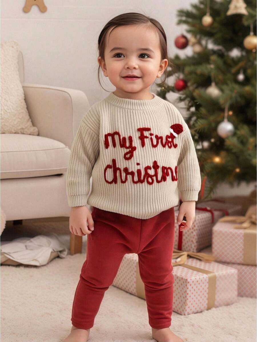 Suéter de punto para niñas pequeñas, gorro navideño y bordado de letras, jersey de cuello redondo, camisetas de manga larga - Beis - Ver 1