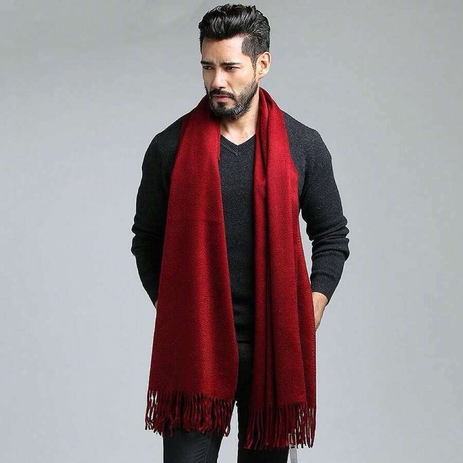 Men's Pashmina Scarf/Shawl/Long Winter Scarf - Vermelho Escuro - View 1