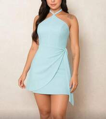 Women's Short Halter Wrap Jumpsuit With Tie Detail - Elegant Party/Nightwear - Summer - 淺嬰兒藍 - 查看 3