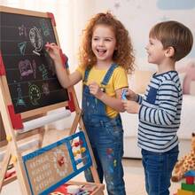 Pizarrn para Nios, Divertido Caballete de Aprendizaje con Doble Vista y 60 Accesorios Creativos, Incluye Alfabeto Magntico y Rollo de Papel para Dibujar - Rojo - Ver 6
