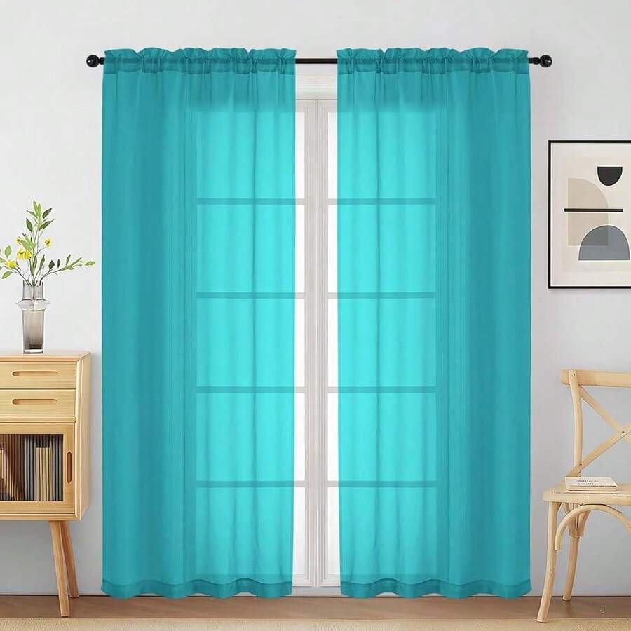 Turquoise Sheer Curtains For Window 72 Inches Long 2 Panels Set, Soft Airy Modern Light Filtering Sheer Curtains For Living Room Bedroom, Dual Rod Pocket Solid Window Drapes, 2x42Wx72L Inches,42inchWx72inchL(Packof2),Turquoise - Turquoise - 查看 1