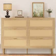 Rattan 6 Drawer Dresser For Bedroom, Modern Chest Of Drawers With Gold Legs And Gold Handles, Wide Double Dresser With Large Tabletop And Anti-Tipping Design For Bedroom Living Room - Natural - 查看 5
