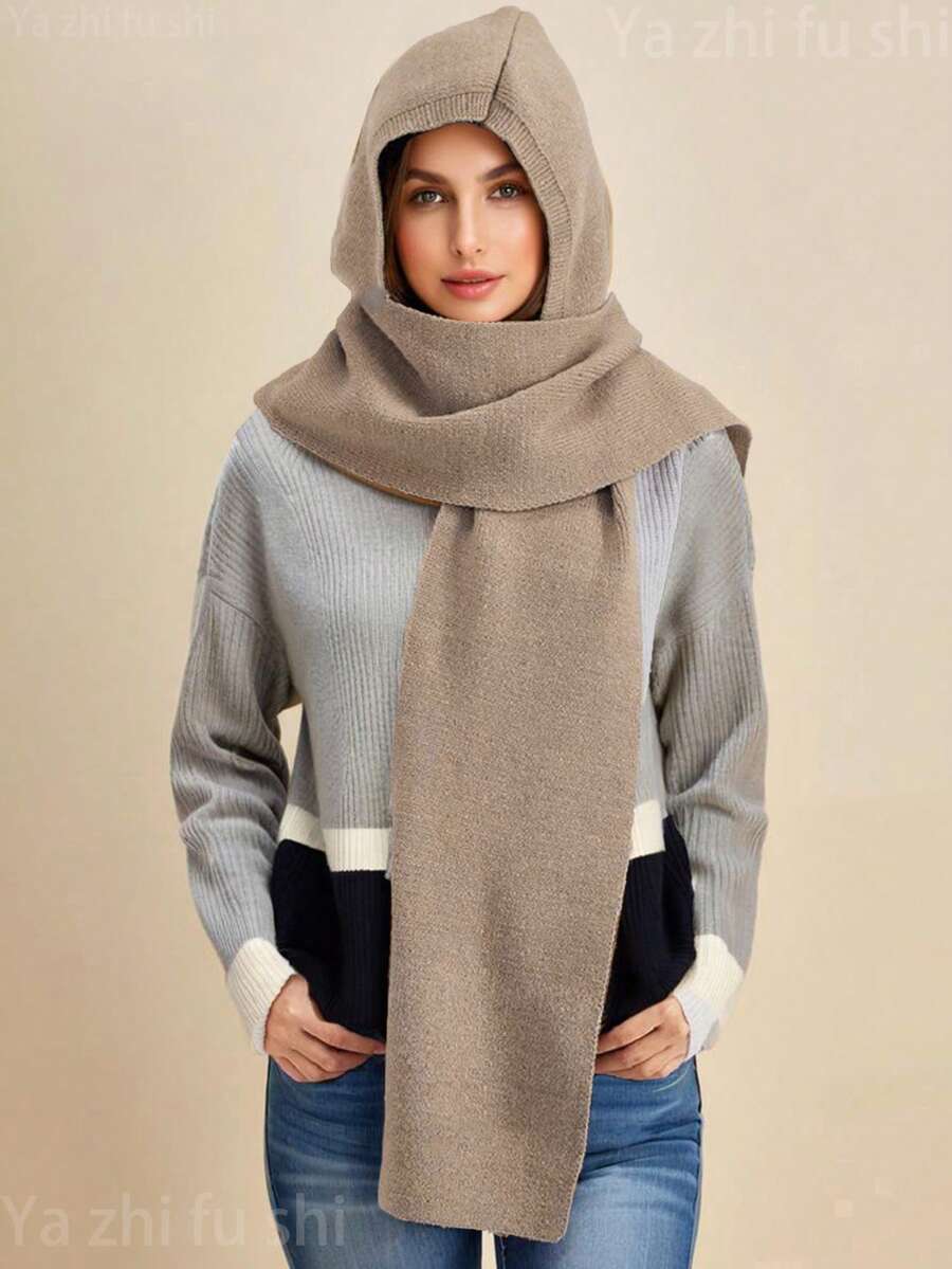 1件装女士时尚纯色黑色/卡其色/灰色加厚条纹纹理保暖连帽围巾披肩斗篷，适合约会、旅行、外出、日常、度假搭配 - A - 查看 1