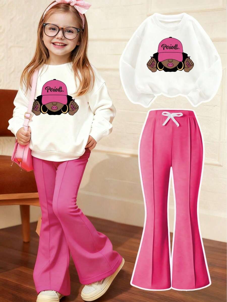 Cartoon Print Crew Neck Sweatshirt And Flared Pants Casual Outfit For Young Girls
