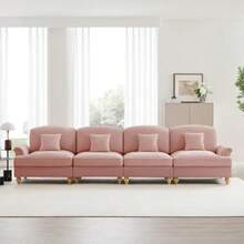 Elegante sofá grande de 4 lugares em estilo de meados do século com chenille com Trichter-Armlehnen, abnehmbarer Rüschenschürze & spindelförmigen Beinen – Confortável Wohnzimmer-Sofa,weiß - Rosa - Ver 5