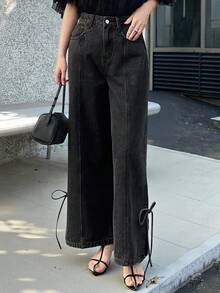 DAZY Women's Fashionable Casual Bowknot Tie Loose Fit Denim Jeans Bow Jeans Tie Jeans Black Jeans Split Hem Jeans Wide Leg Jeans - Black - View 5