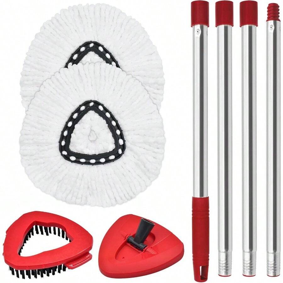 TTJM Spin Mop Handle Replacement For Ocedar Mop Heads Replacements Compatible With O-Cedar EasyWring 1-Tank System Include 4-Section Handle 2 Replace Heads 1 Scrub Brush 1 Base For O Cedar Spin Mops - 紅色 - 查看 1