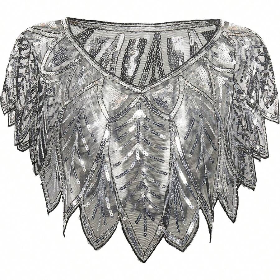 Shawl Wraps Sequin Beaded Evening Cape Bridal Shawl - Black Silver - View 1