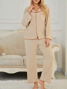两件套女士休闲简约翻领开衫长袖套装（含长裤），柔软抓绒睡衣，秋冬款 - 杏色 - 查看 5