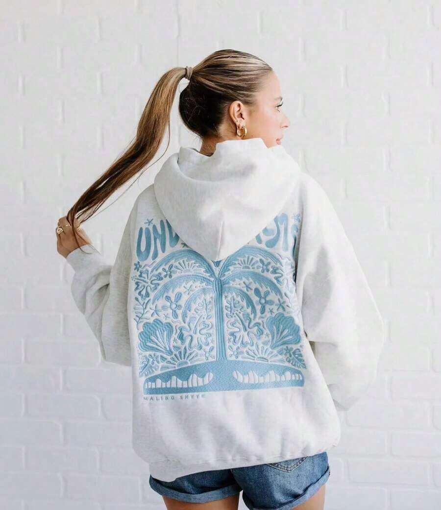2025Hawaii Hibiscus Letter Print Embroidered Loose Sweatshirt Women's Drop Shoulder Sleeve Ribbed Hoodie Printlong Sleeve Tops,Tops,Hoodies - 白棕櫚樹 - 查看 1
