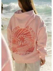 2025Hawaii Hibiscus Letter Print Embroidered Loose Sweatshirt Women's Drop Shoulder Sleeve Ribbed Hoodie Printlong Sleeve Tops,Tops,Hoodies - 粉紅色 - 椰子樹 - 查看 12