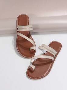 New Plus Size Women Comfortable Simple Round Toe Open Toe Flat Slippers Sandals, Casual Fashion Outdoor Vacation Beach Style Summer Shoes - Beige - View 5