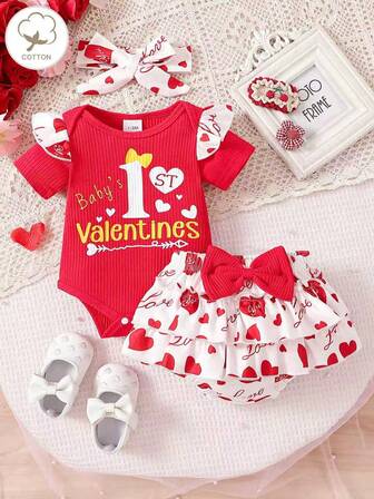 Baby Mädchen Outfit für Valentinstag, gestrickter gerippter Rundhals Rüschenärmel " 1st Valentine's" Bodysuit, Shorts mit elastischem Bund und Schmetterlings- und Herzprint, und Haarband Set (geeignet für Valentinstag Outfit)