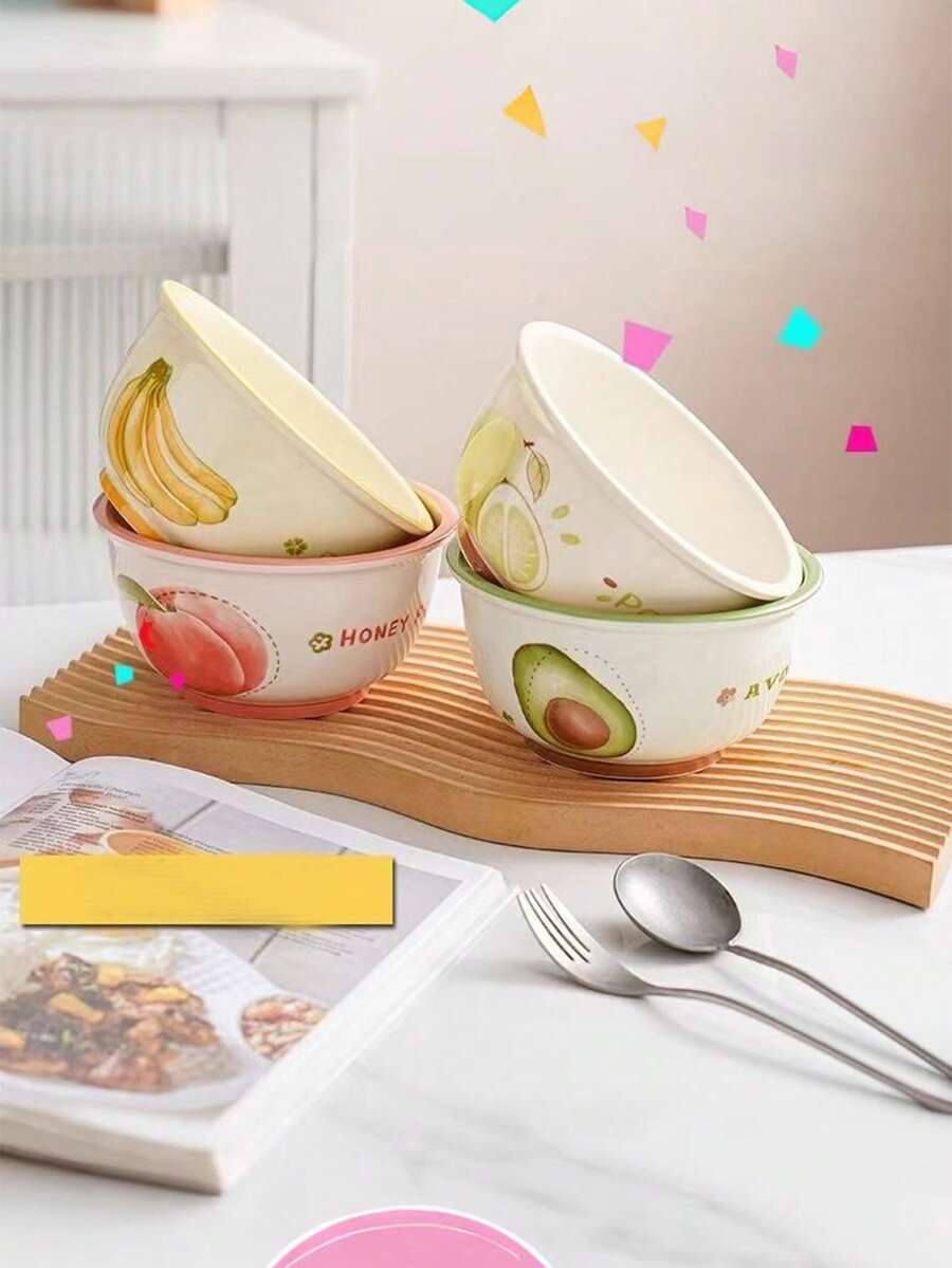Ceramic Rice Bowl - Cute Fruit & Lucky Pattern Cartoon Design, Microwave Dinner Bowl For Daily Use, High-Quality Tableware - Multicolor - View 1
