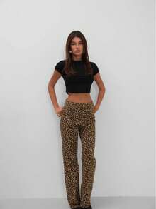 Women's Casual Fashion Street Leopard Print Low Waist Side Pocket Straight Leg Pants - Coffee Brown - View 2