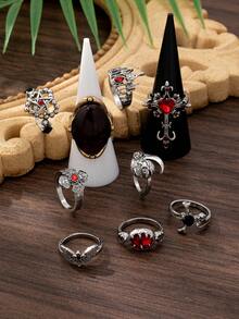 9件套复古哥特风星星、十字架、骷髅头水钻戒指，适合女性在派对或聚会上佩戴。