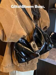 Y2K复古时尚腋下包，高端通勤斜挎包，大容量摩托车单肩包 - 黑色 - 查看 5