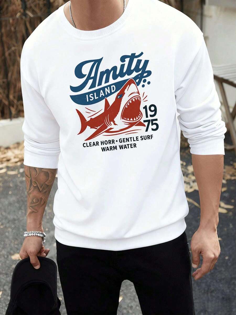 Herren-Sweatshirt mit Hai-Motiv in Übergröße, Premium-Baumwolle, Rundhalsausschnitt, bequeme Passform, auffälliger Print - Weiss - Übersicht 1