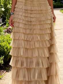 女士蕾丝连衣裙，优雅假日休闲复古仙女风舒适荷叶边网纱高腰双层蛋糕吊带裙