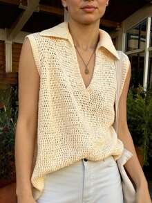 Bohemian Vacation Beachwear Summer Plus Size Leisure Hundred Loose Lapel V-Neck Design Hollow Sweater Undershirt - Apricot - View 1