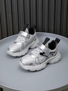 1 Pair Kids' Casual Sneakers, Colorblock Design, Comfortable, Versatile, Lightweight, Suitable For Outdoor, Sports, Fashion, All Season - Silver - View 4
