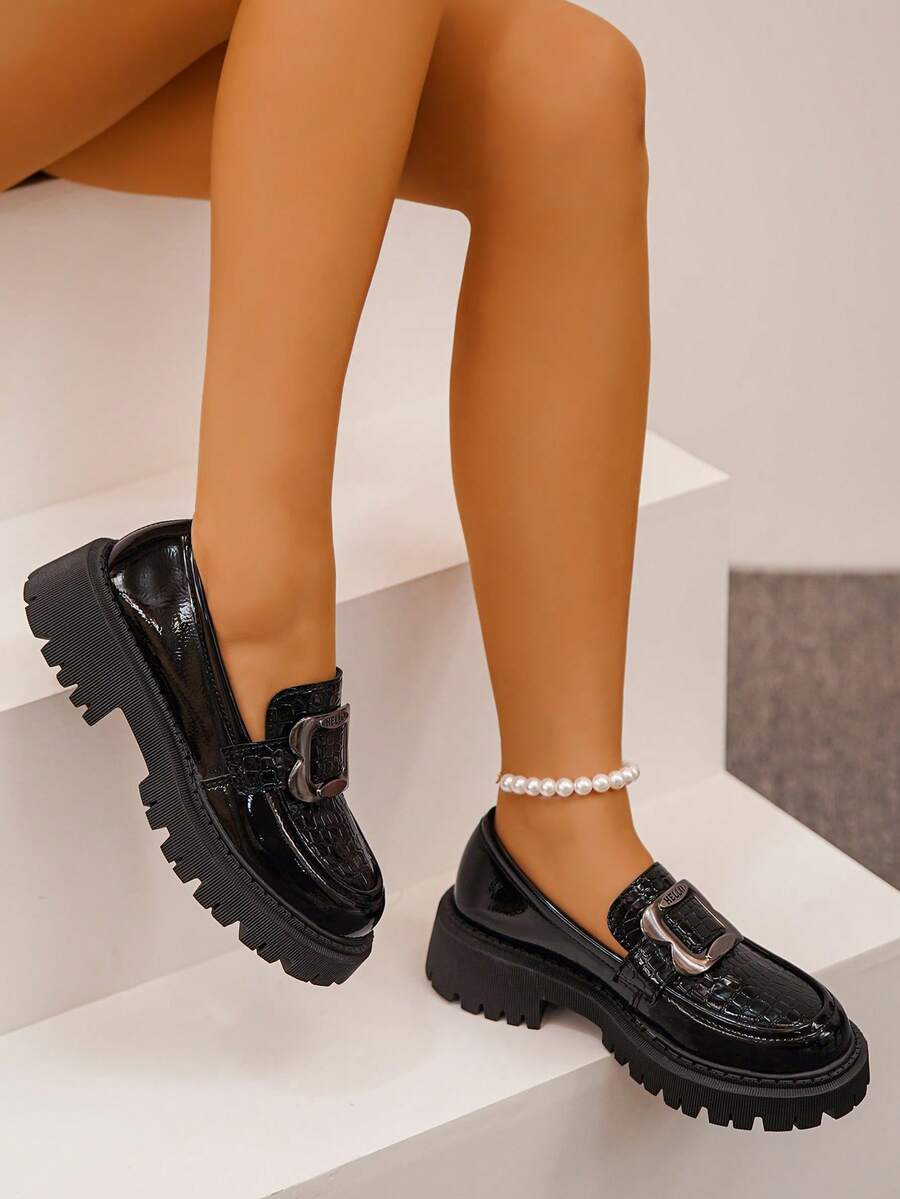 Mocasini groși cu platformă pentru femei, stil elegant punk preppy, culoare uni, piele PU cu decor metalic, pantofi casual versatili la modă pentru interior - Negru - Vizualizare 1