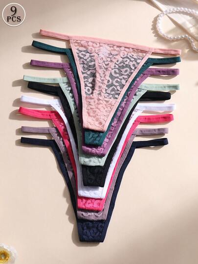 9 PCS Women's Sexy Lace Thong Low Waist Seamless Panties Leopard G-String Lingerie Soft Comfortable & Breathable Underwear For Yoga, Sports And Daily Wear