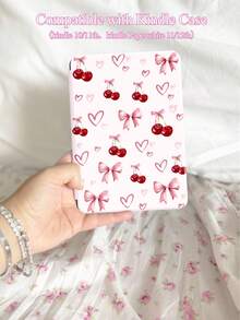 1pc Cute Cherry Bow Heart Pattern Protective Case Suitable For Kindle 2024, Kobo, Kindle NK 11/Kindle Kids Edition/Kindle Paperwhite 5, E-Book Reader Cover With Auto Wake/Sleep Function, Lightweight And Slim Fit To Protect Your Reading Device - Pink - View 1